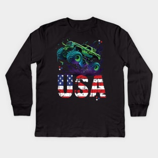 USA Monster Truck American Flag 4th July Men Boys Girls Race Kids Long Sleeve T-Shirt